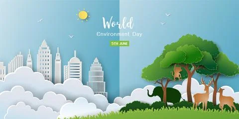 Eco friendly save nature and environment concept on paper art background Ilustración de archivo