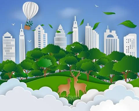 Eco friendly save the world and environment concept,Paper art landscape with  Illustrazione stock