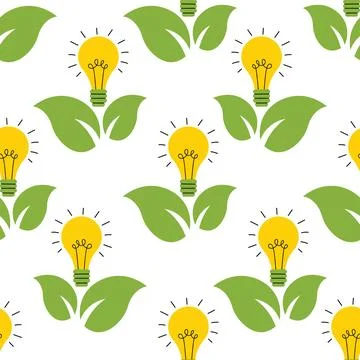 Eco friendly seamless pattern featuring light bulb symbol and fresh green l.. Stock Illustration