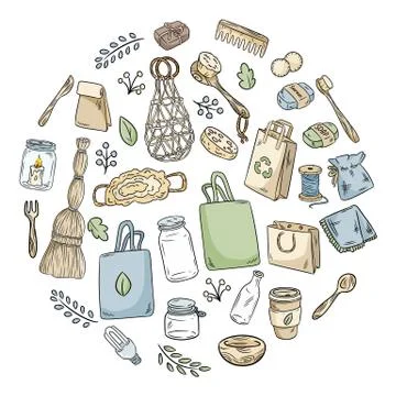 Eco friendly set of doodles in a circle. Ecological and zero-waste collection Stock Illustration