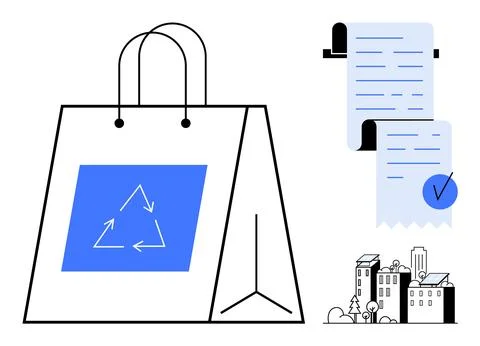Eco-Friendly Shopping Bag with Recycling Symbol and Urban Environment Element Stock Illustration