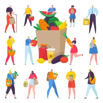 Eco friendly shopping people with paper box full of organic vegetables vector Stock Illustration