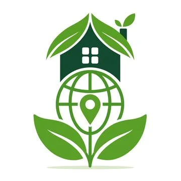 Eco Friendly Smart Home Logo with Globe, Leaves and Location Pin Vector Icon Stock Illustration