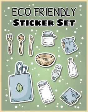 Eco friendly sticker set. Ecological and zero-waste collection of labels. Go Stock Illustration