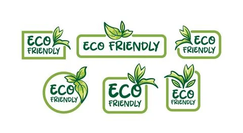 Eco-friendly sticker set. Vector illustration in sketch style. Green leaves of Stock Illustration