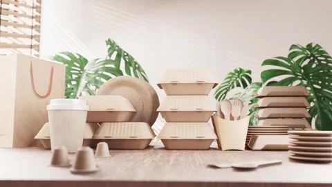 Eco-friendly tableware set on a wooden table Stock Footage 264060932