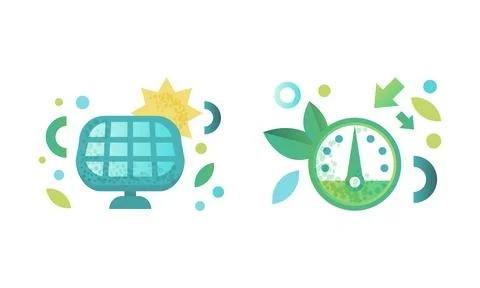 Eco Friendly Technologies Icons Set, Solar Panel, Speedometer, Green Energy and Stock Illustration