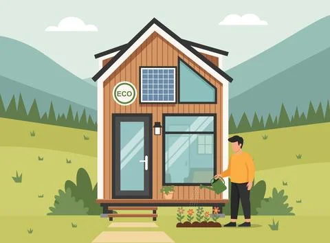 Eco friendly tiny house with solar panel in a scenic, grassy, mountainous l.. Ilustración de archivo