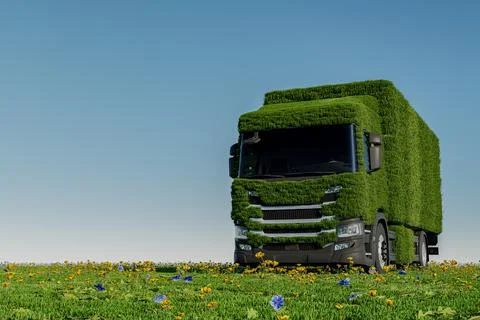 Eco friendly transportation concept. 3d rendering of a green truck on fresh.. Stock Illustration