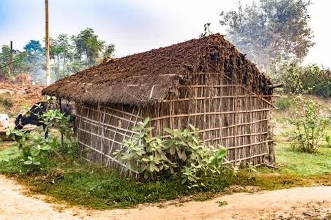 Eco-friendly Tribal Hut with thatched roof made of biodegradable forest resource Stock Photos