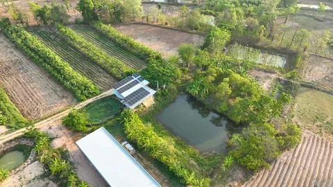 An eco friendly tropical farm featuring solar powered buildings, fish ponds.. Stock Photos