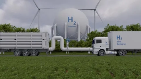 Eco-friendly trucks against the background of H2 production. 3D render Stock Footage 290383783