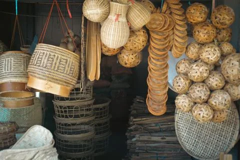 Eco-friendly wicker baskets and kratips  Stock Photos