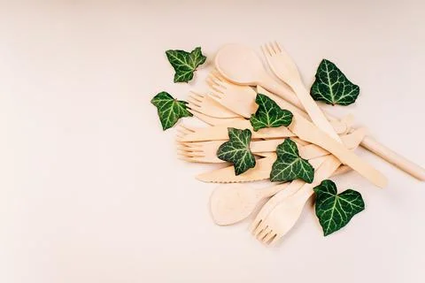 Eco friendly wooden cutlery.plastic free concept.Disposable wooden cutlery.Eco Stock Photos