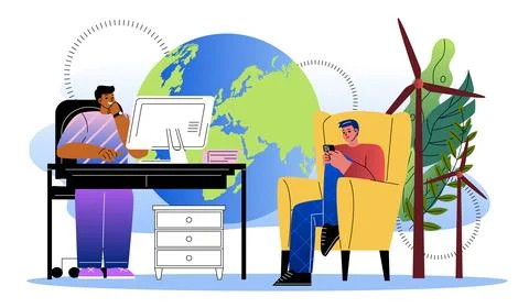 Eco friendly work. Men sitting near windmills. Caring for ecology and 스톡 일러스트