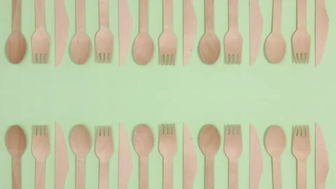 Eco friendly zero waste eating utensil made of bamboo wood. Stop motion 스톡 동영상 155057346
