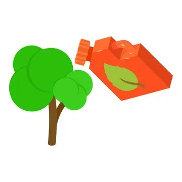 Eco fuel icon isometric vector. Eco fuel canister with leaf image and green tree Stockillustratie