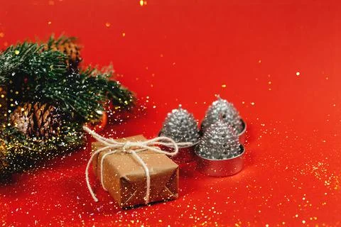Eco gift on a red background side view Stock Photos