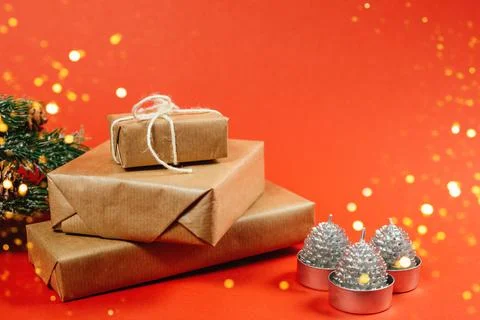 Eco gift on a red background side view Stock Photos
