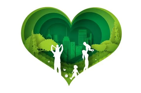 Eco Green happy family having fun playing in the field. paper cut and craft Stock Illustration