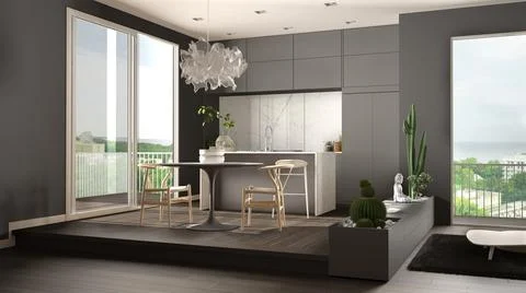 Eco green interior design, gray living room with sofa, kitchen with dining ta Stock Illustration