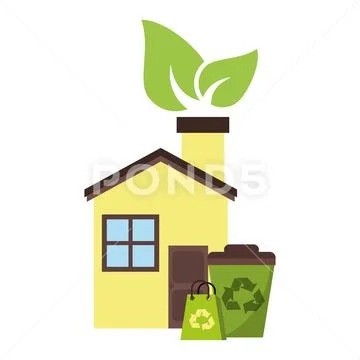 Eco house and trash can with recycle bag Stock Illustration
