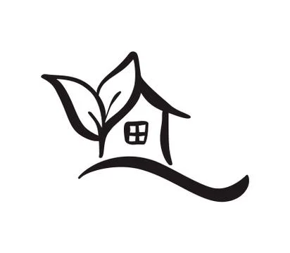 Eco House leaf. Simple Calligraphy nature Vector bio Icon. Estate Architecture Illustrazione stock