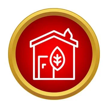 Eco house with a leaf symbol inside red circle button Stock Illustration