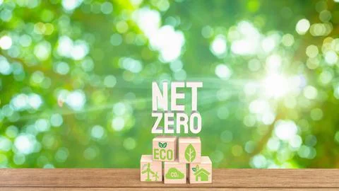 The eco icon on wood cube for net zero concept 3d rendering Stock Illustration
