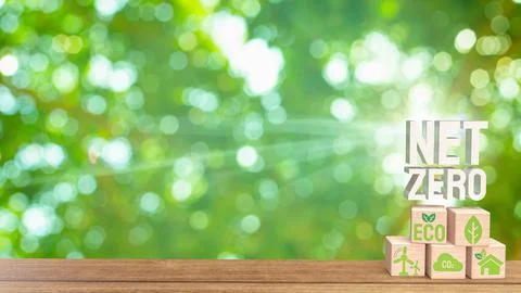 The eco icon on wood cube for net zero concept 3d rendering Stock Illustration