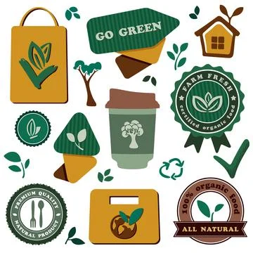 Eco labels and tags vector set. Go green design elements and packaging. Illustrazione stock