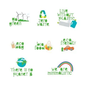 Eco lettering guotes on set. Zero waste, live without plastis, eco bag, eco Stock Illustration