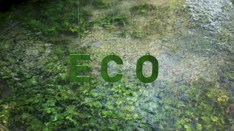 Eco letters swing on the string on calm river background Stock Footage 344149142