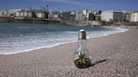 ECO light bulb on the sand by the ocean Stock Footage 209575803