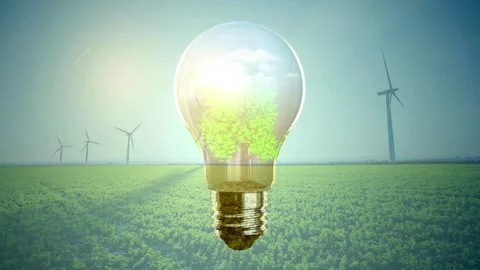 Eco Lightbulb Concept with Wind Turbines Stock Footage 336013650