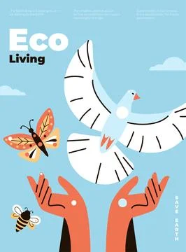 Eco living poster template. Vector flat illustration of a flying white dove.. Stock Illustration