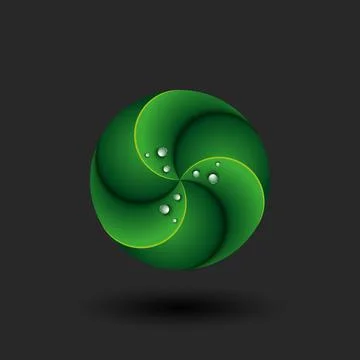 Eco logo 3d round shape, three abstract green plant leaves with realistic dew Stock Illustration