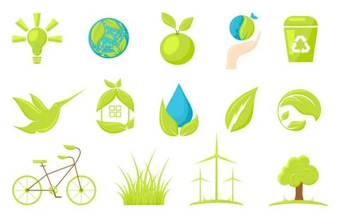 Eco logo bio zero waste natural green flat set Stock Illustration