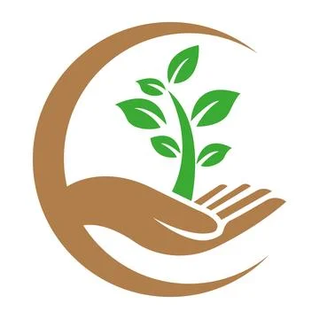 Eco logo design featuring stylized hand gently holding a young plant with three  스톡 일러스트