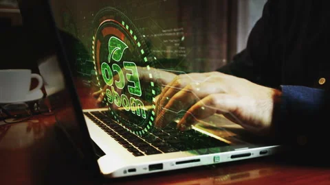 Eco mode symbol and man typing keyboard Stock Footage 340780195