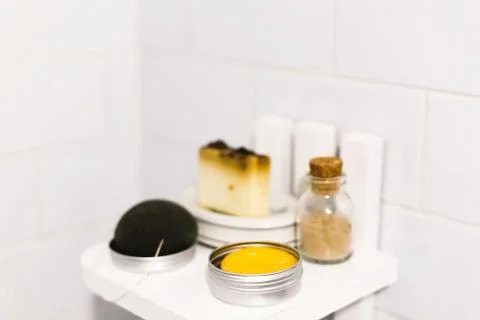 Eco natural solid shampoo, konjac sponge, soap and ayurveda ubtan powder in g Stock Photos