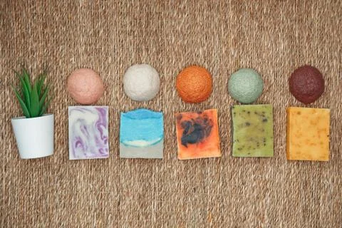 Eco natural solid soap and konjac sponge. Eco-friendly accessories Fotos Stock