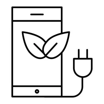Eco plug with smartphone thin line icon. Eco charge mobile phones vector Illustrazione stock