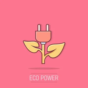 Eco power icon in comic style. Green energy cartoon vector illustration on .. Illustrazione stock