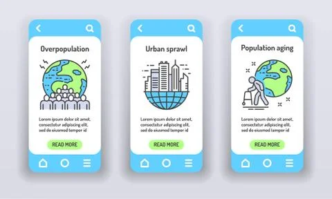 Eco problems on mobile app onboarding screens. Overpopulation, urban sprawl,  Stock Illustration