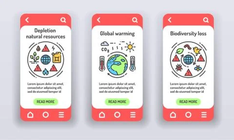 Eco problems on mobile app onboarding screens. Environmental issue. Banners f Stock Illustration