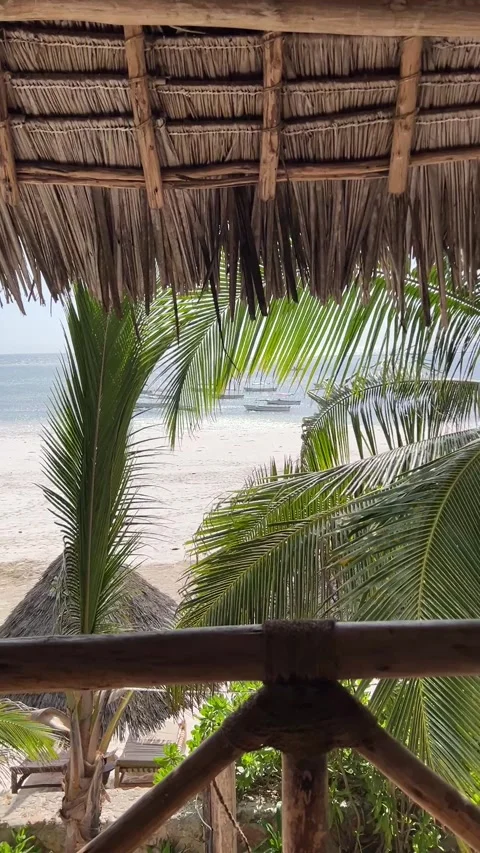 Eco resort balcony view ocean beach garden stairs panorama Zanzibar HD vertical Stock-Footage 342170532