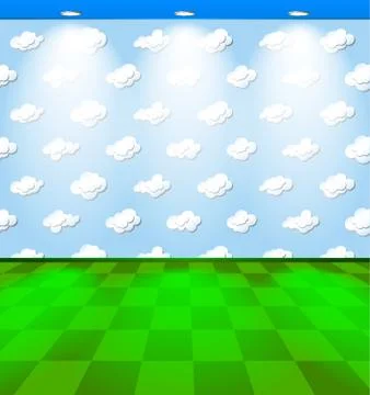 Eco room with clouds and checked floor Stock Illustration