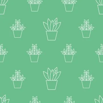 Eco seamless pattern with linear white houseplants on the green background Stock Illustration