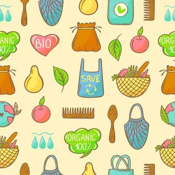 Eco seamless pattern. Reusable zero waste elements, shopping bag and organic Stock Illustration